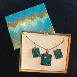 2pc neck and earrings box set, teal/silver